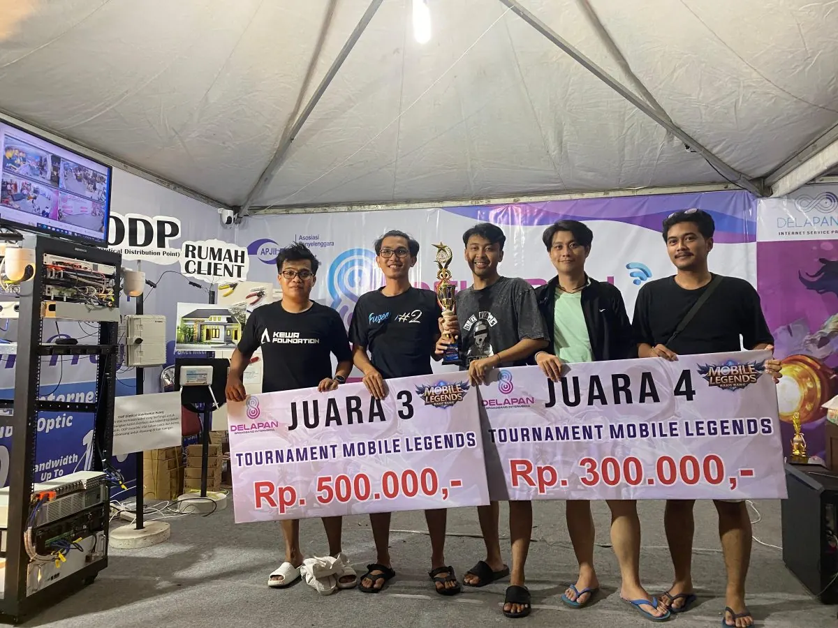 Juara 3 dan Juara 4 Turnamen Mobile Legends DelapanBit berfoto di booth pameran